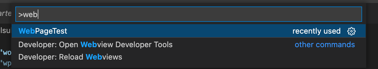 An image of Visual Studio Code's command bar, showing that as you start typing 'webpagetest', the WebPageTest extension command shows up.