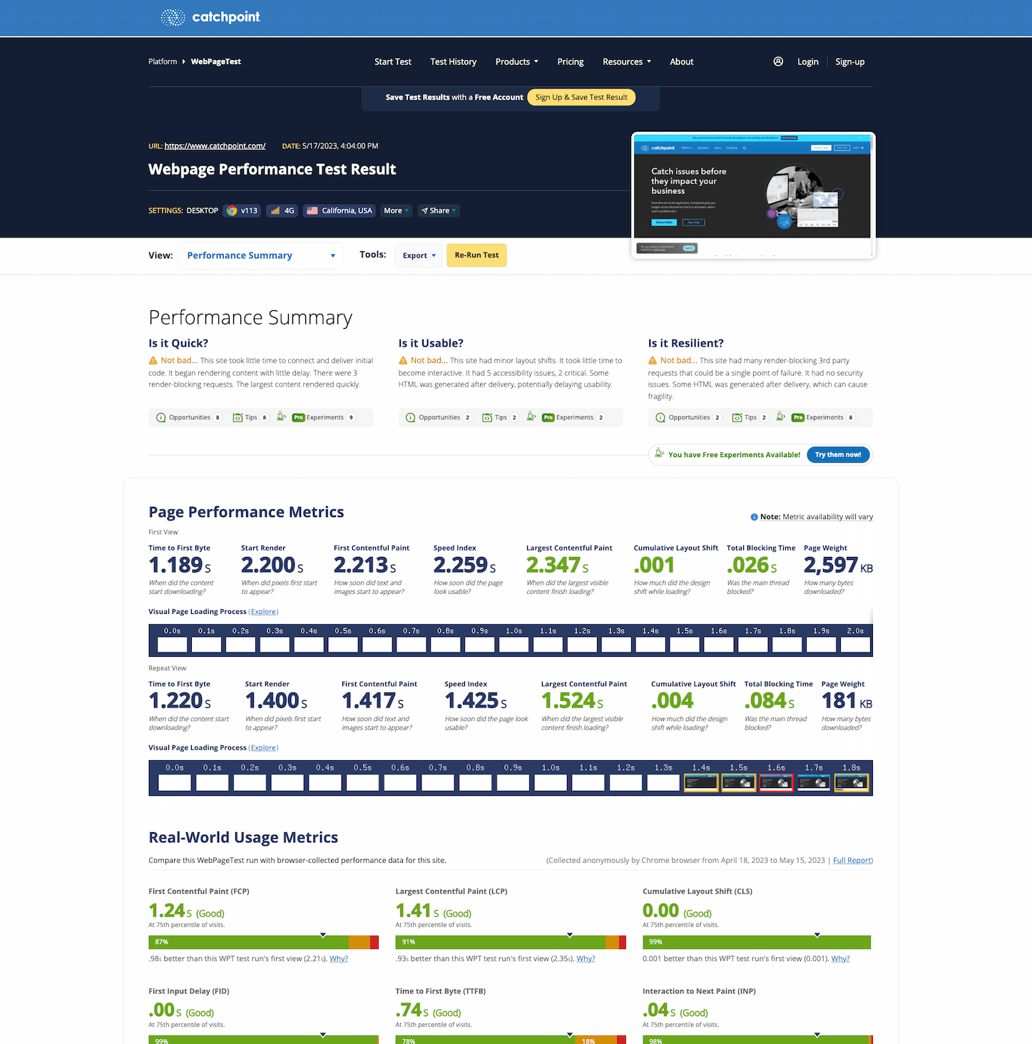 "results summary page"